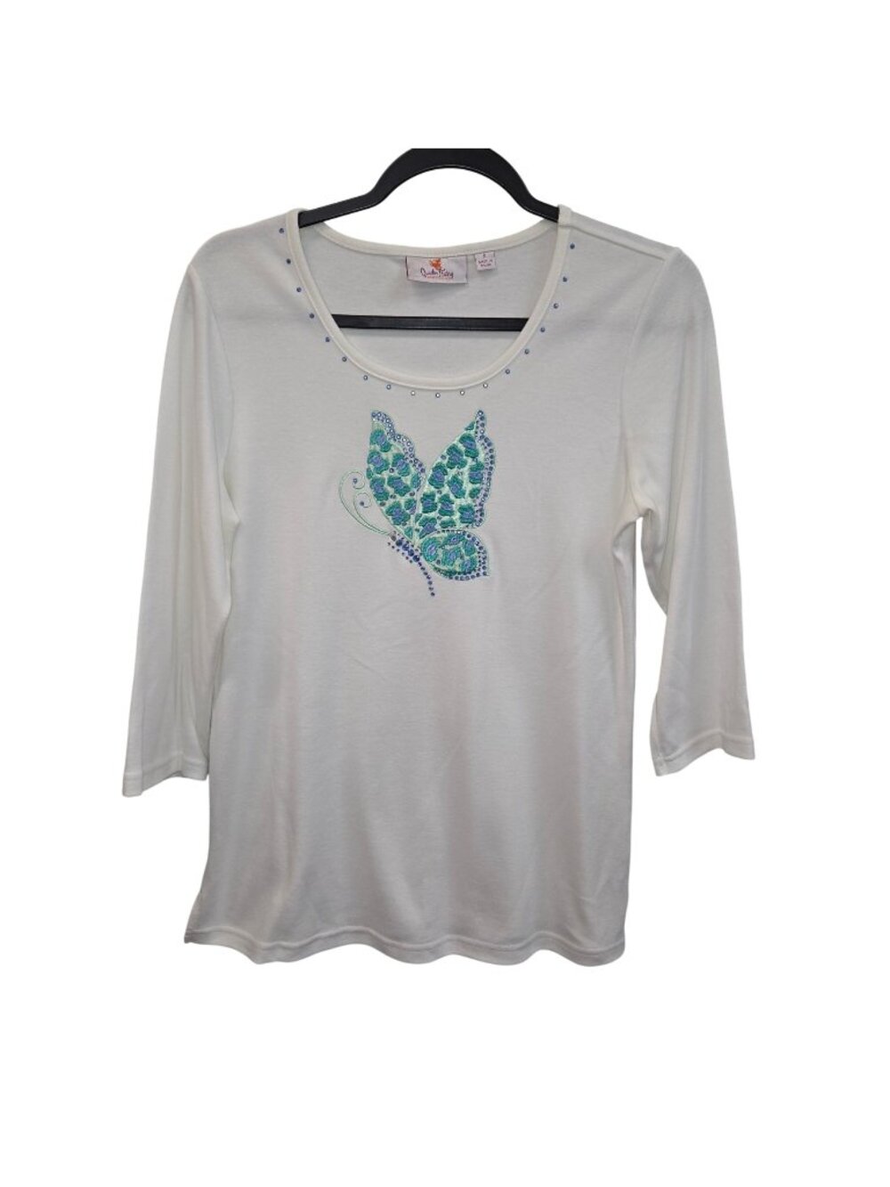 Quacker Factory Womens S White 3/4 Sleeve Top Blue Butterfly Embellishment 4416 - Picture 1 of 6